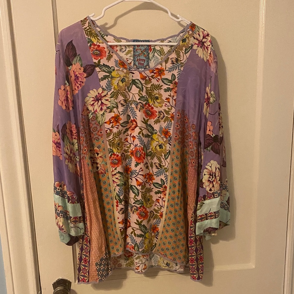 Johnny Was Lavender Floral Patchwork Peasant Blouse